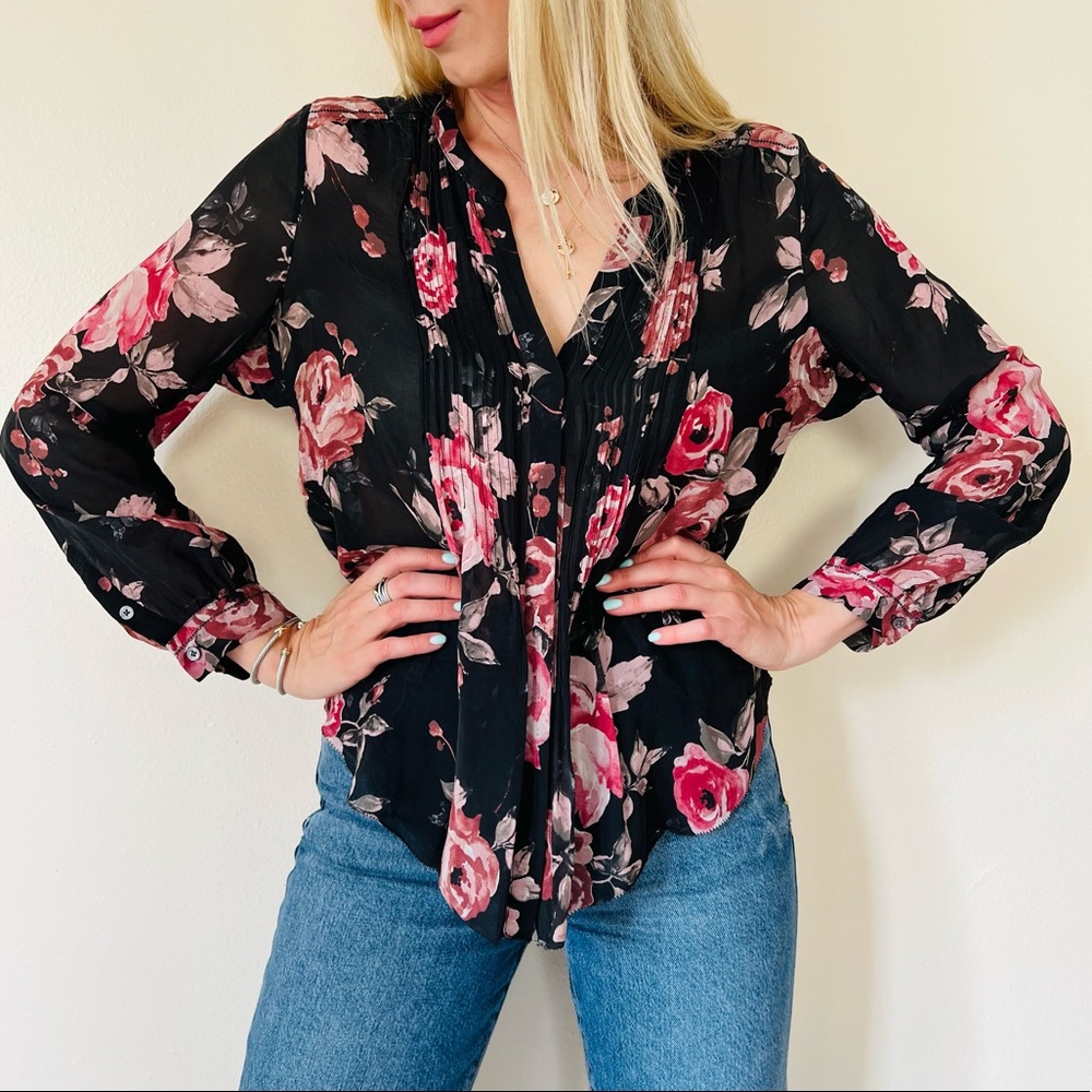 Joie floral silk blouse v-neck long sleeve boho pleated front button down shirt